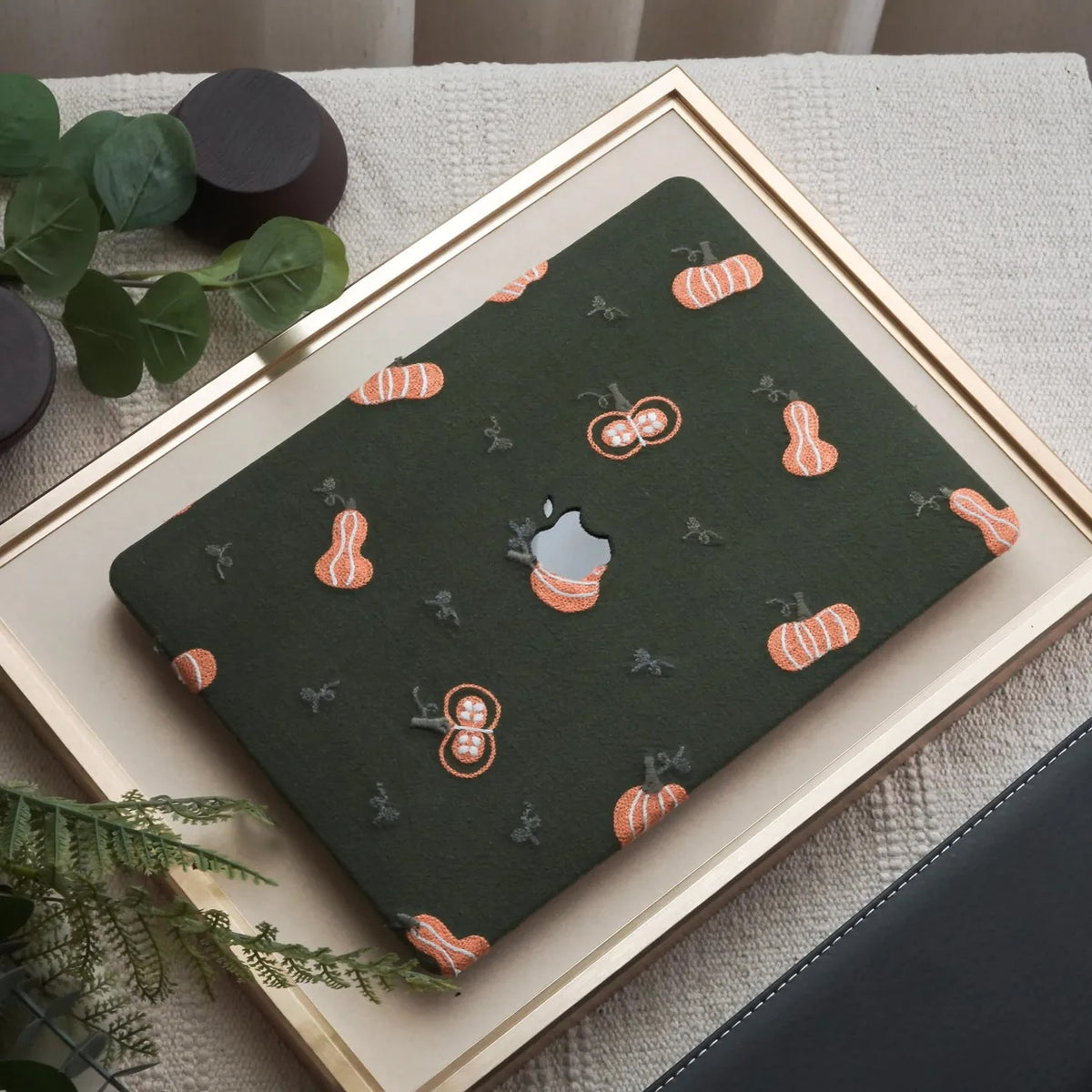 Green Pumpkin Embroidered Leather Mac Case