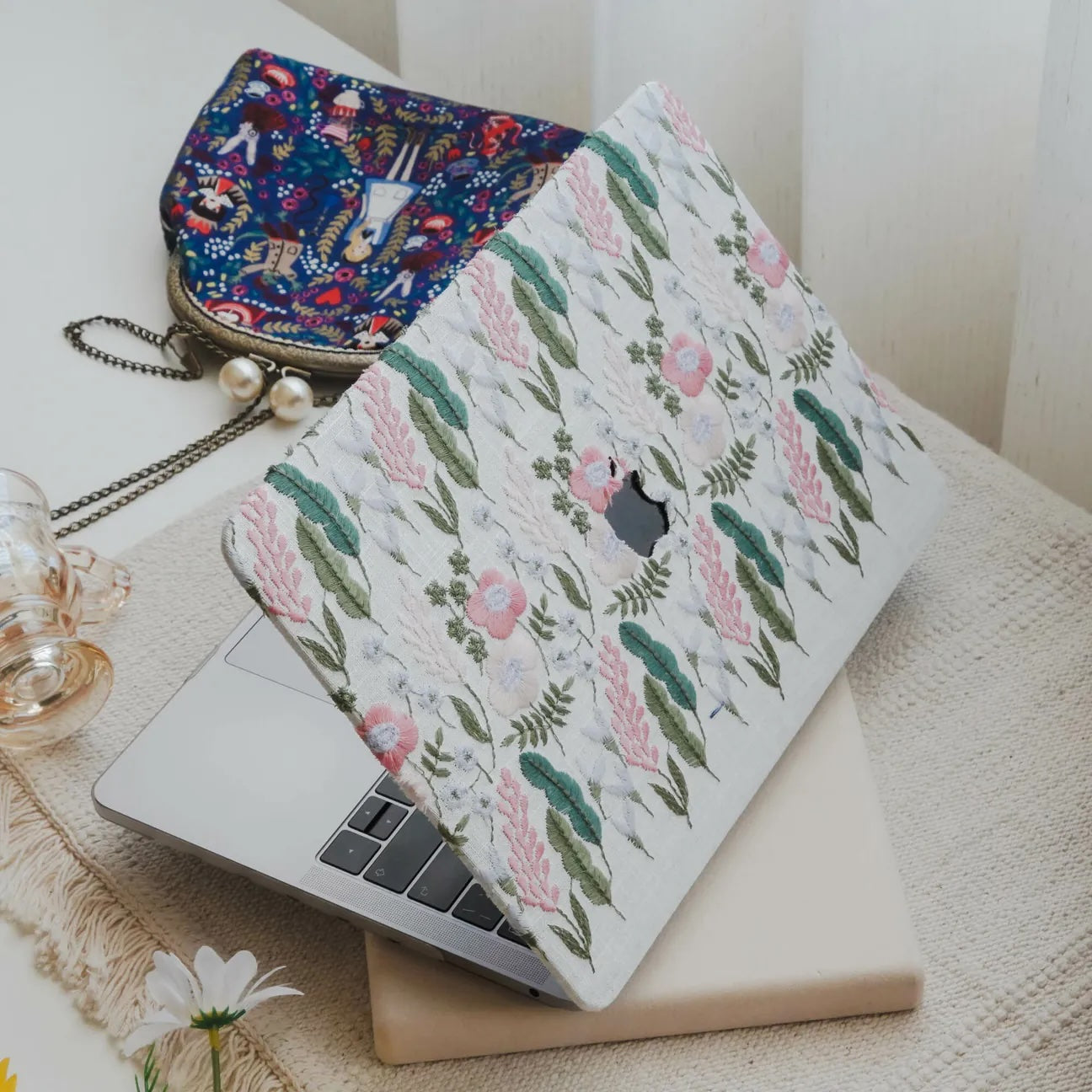 White Sage Embroidered Leather Macbook Case