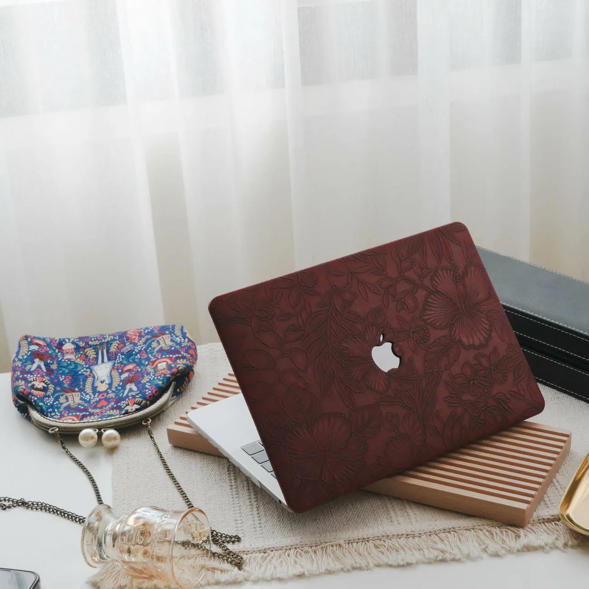 Dark Red Embossed Floral Leather Macbook Case