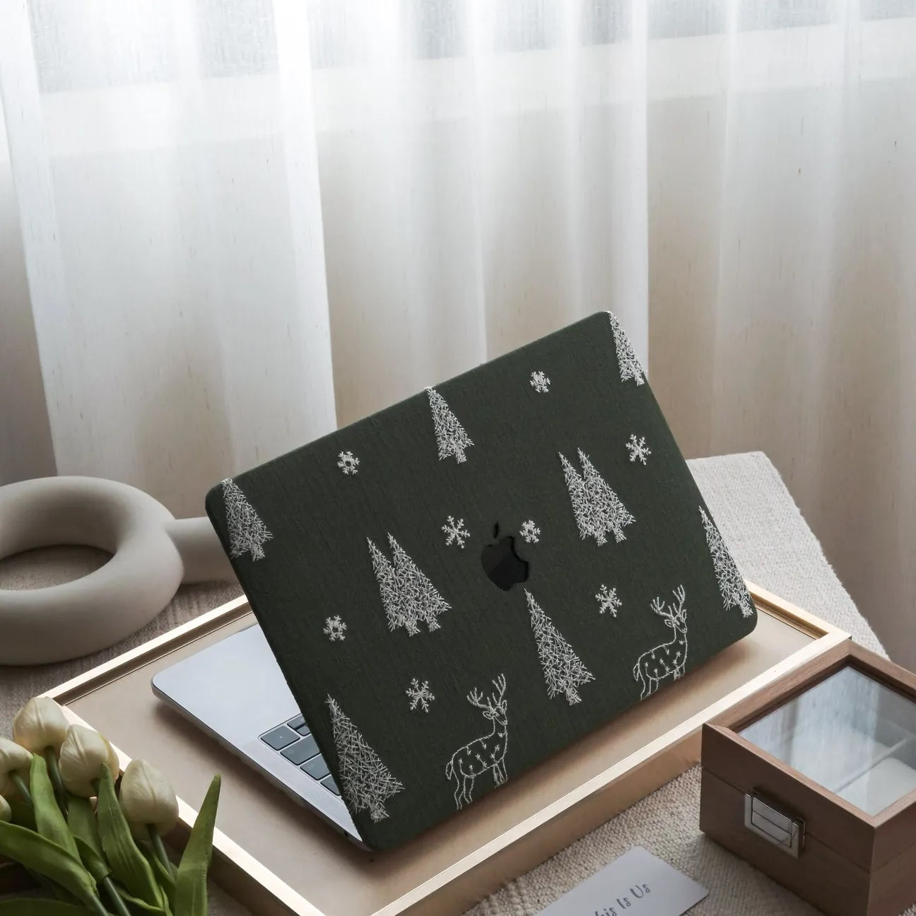 Christmas tree & Elk Embroidered Leather Macbook Case