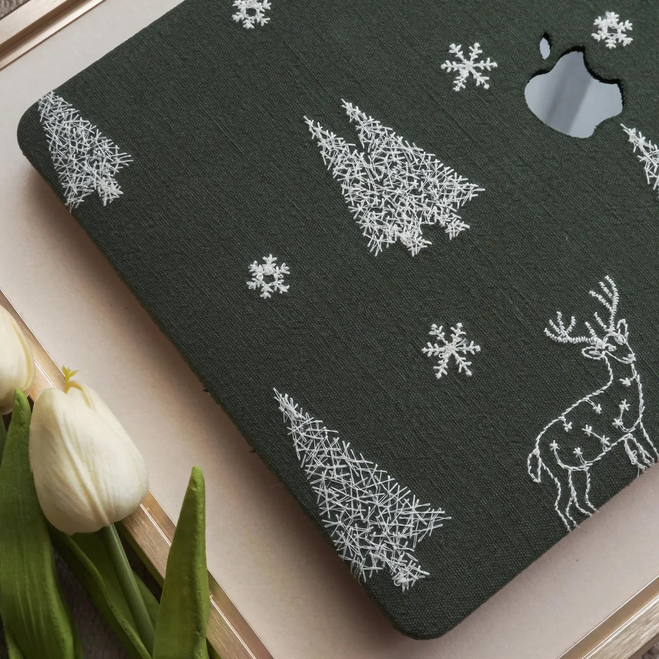 Christmas tree & Elk Embroidered Leather Macbook Case