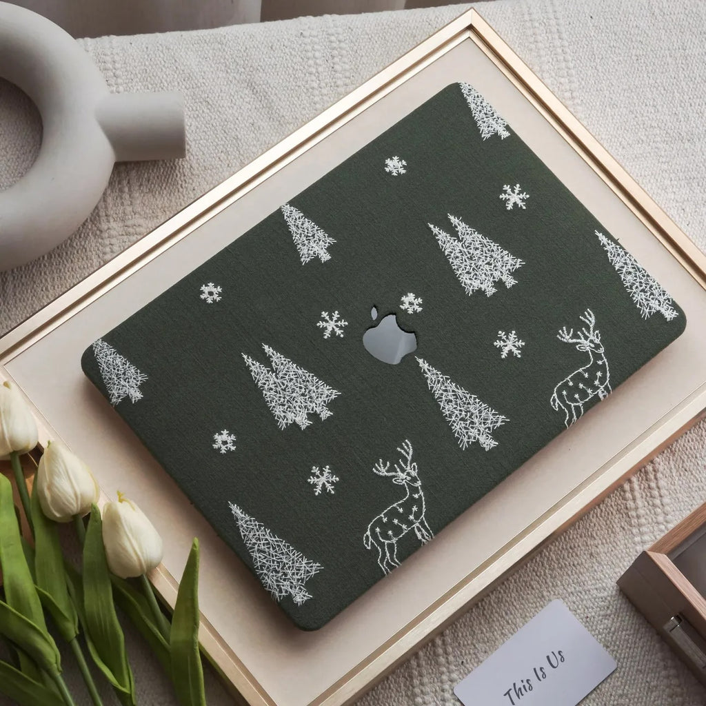 Christmas tree & Elk Embroidered Leather Macbook Case