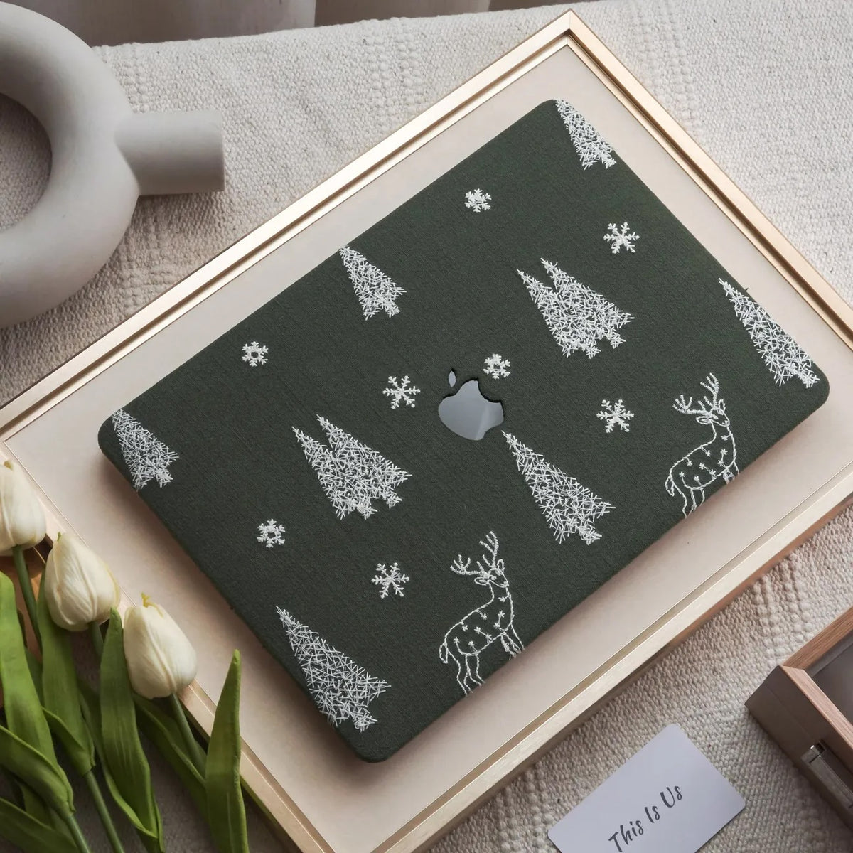 Christmas tree & Elk Embroidered Leather Macbook Case