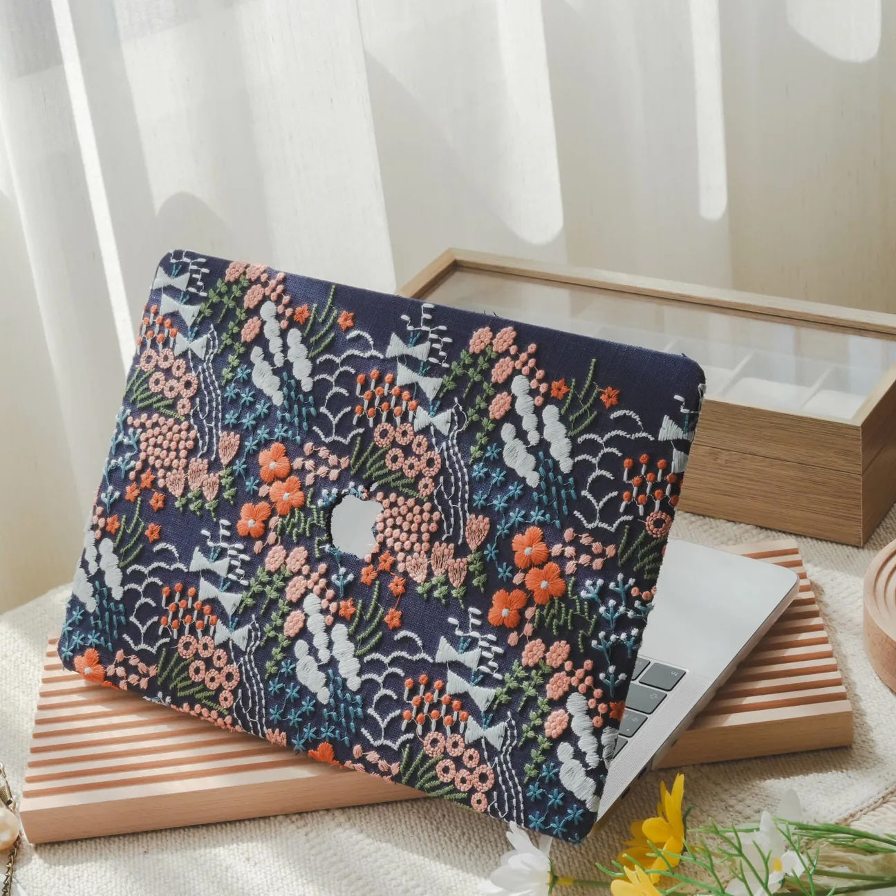 Black Bloom Embroidered Leather Macbook Case