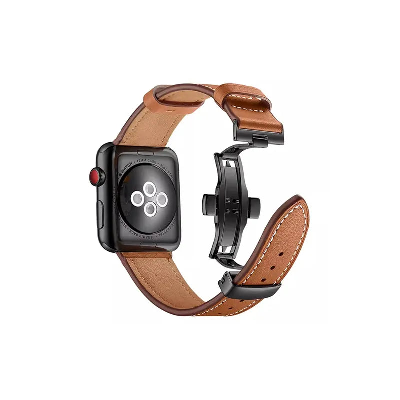 Crazy Horse Leather Metal Butterfly Clasp Apple Watch Band