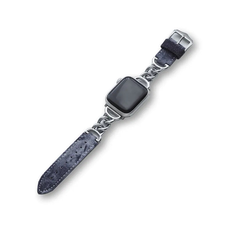 Metal mixed denim leather single chain Apple Watch strap