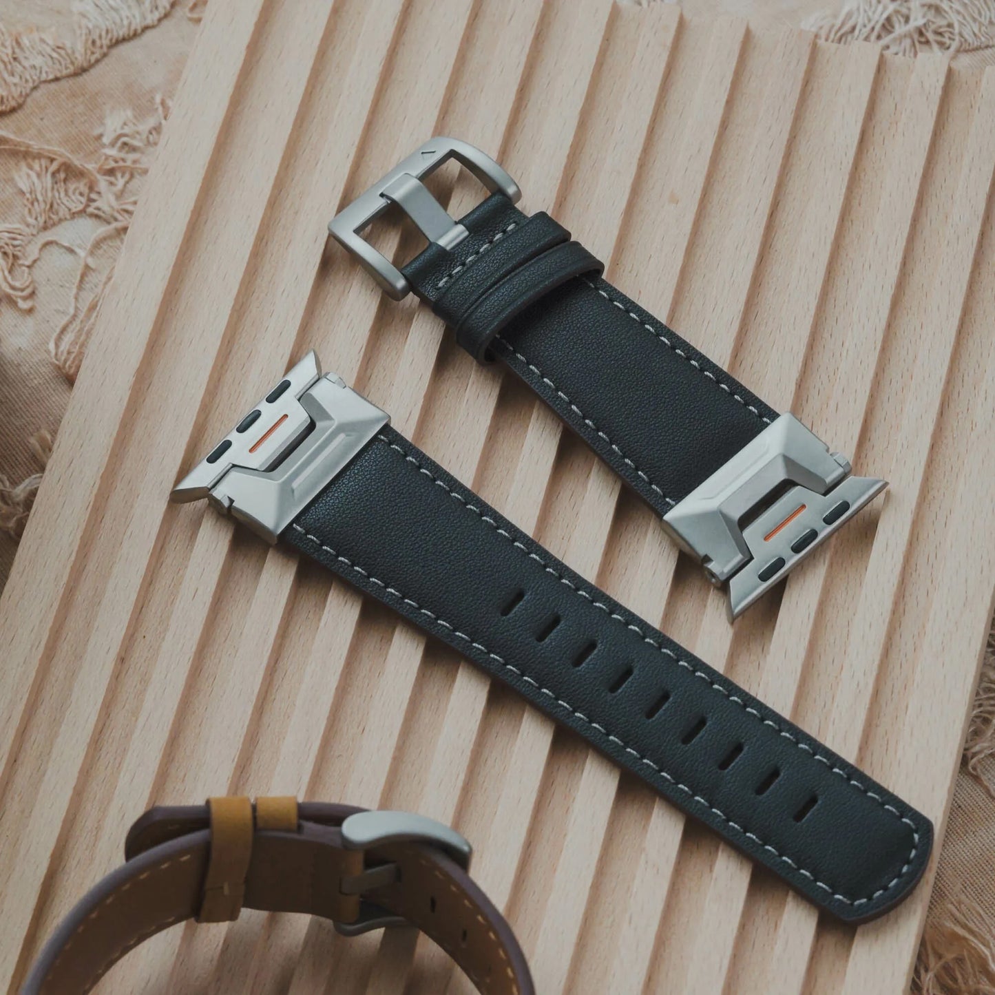 Genuine Leather Texture & Stainless Steel Mixed Apple Watch Band