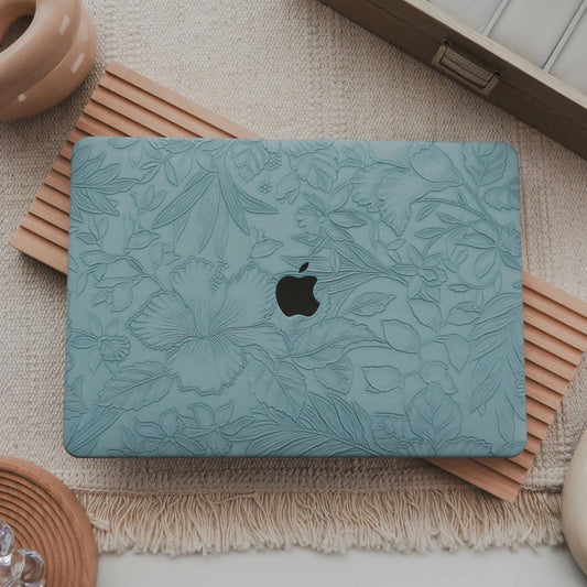 Mist Blue Embossed Floral Leather Macbook Case