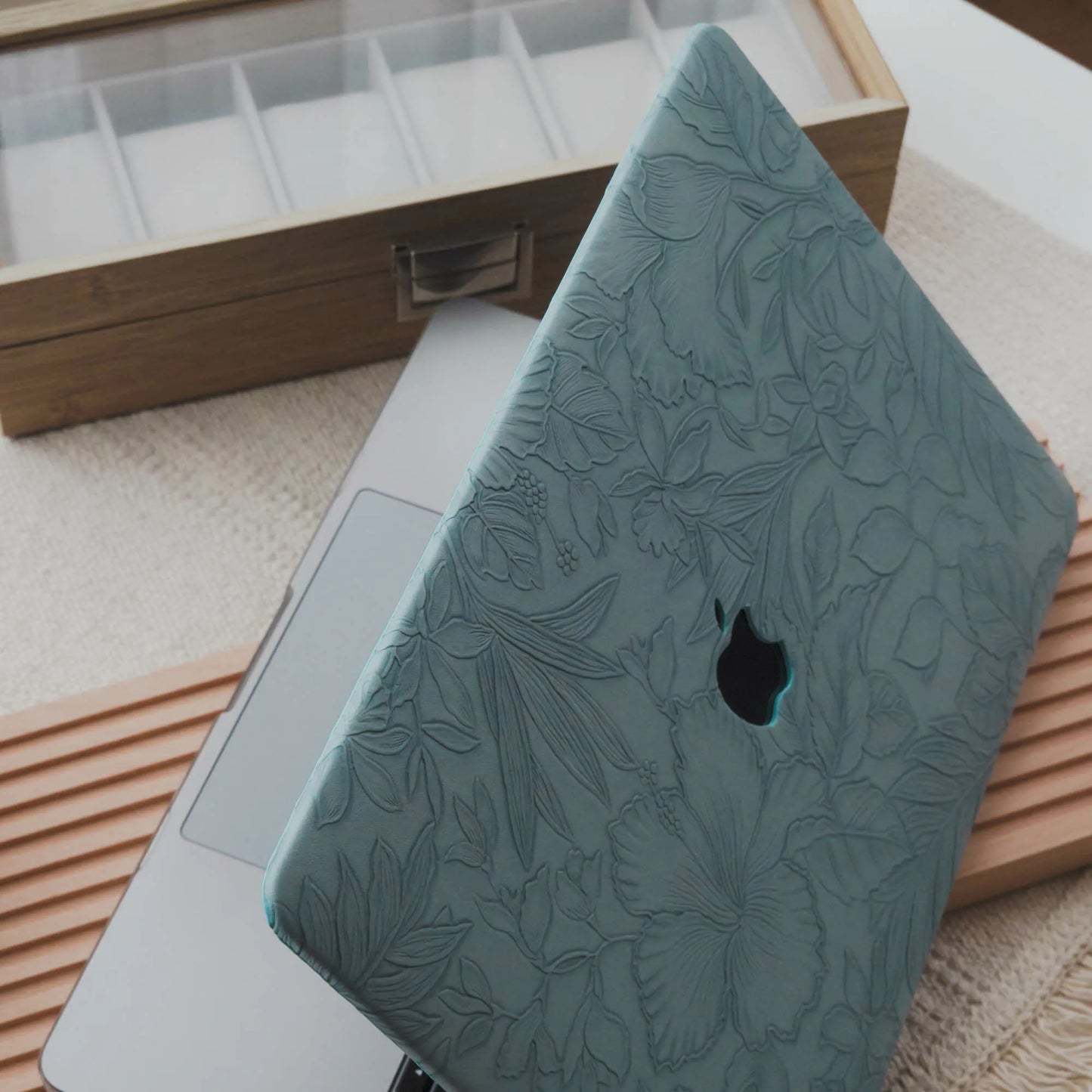 Mist Blue Embossed Floral Leather Macbook Case