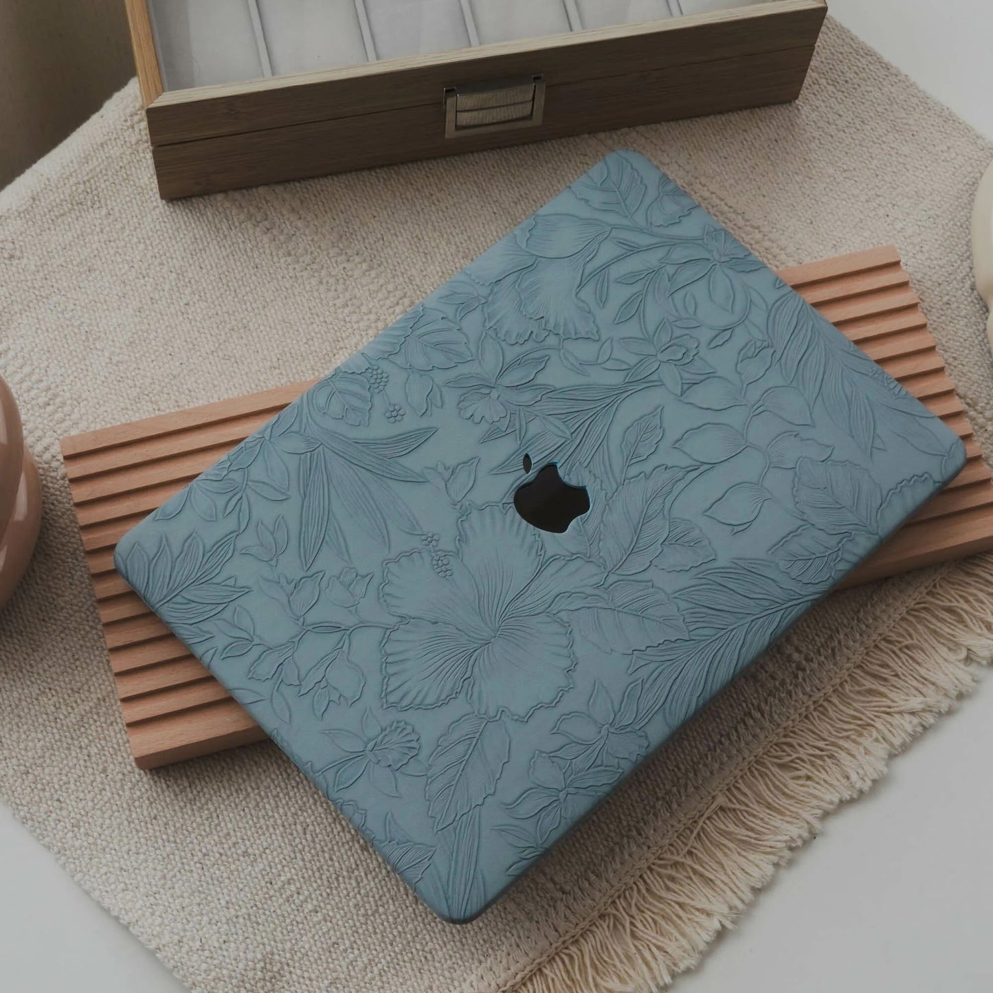 Mist Blue Embossed Floral Leather Macbook Case