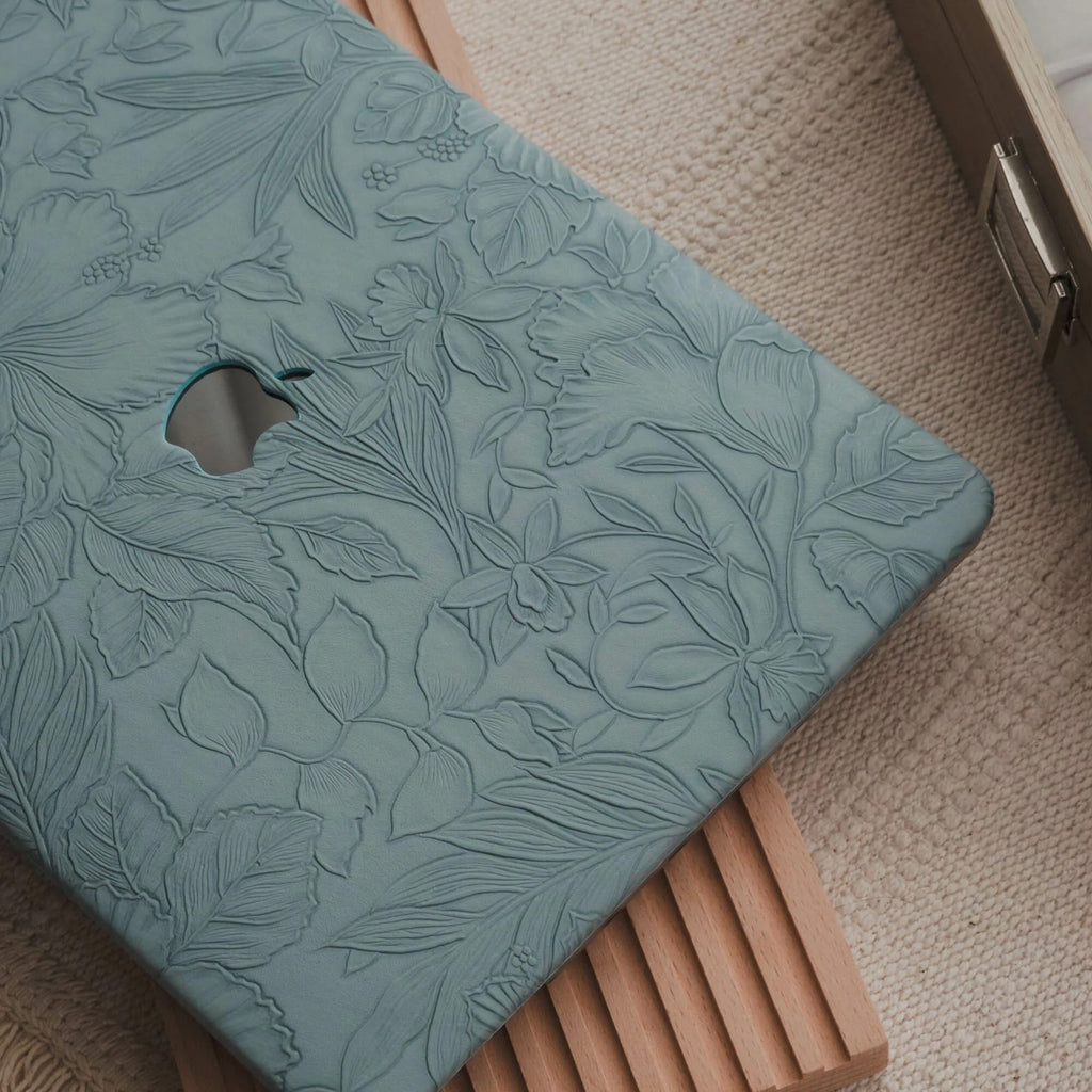 Mist Blue Embossed Floral Leather Macbook Case