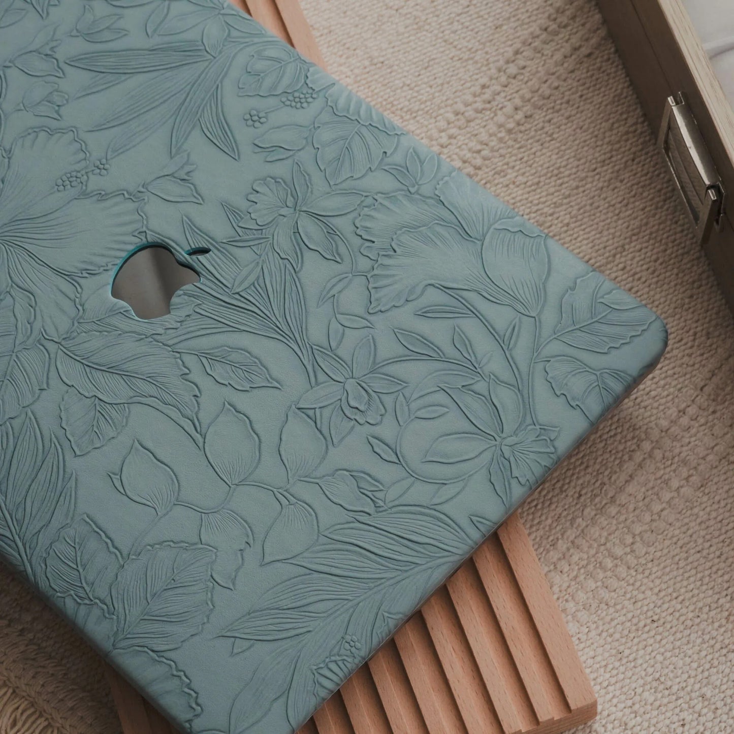 Mist Blue Embossed Floral Leather Macbook Case