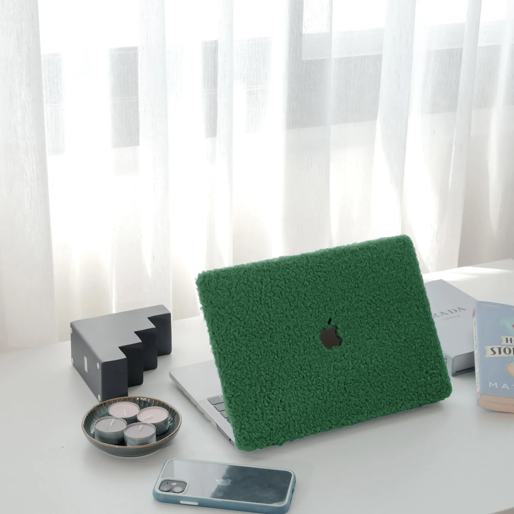 Basil Green Teddy Plush Leather Macbook Case