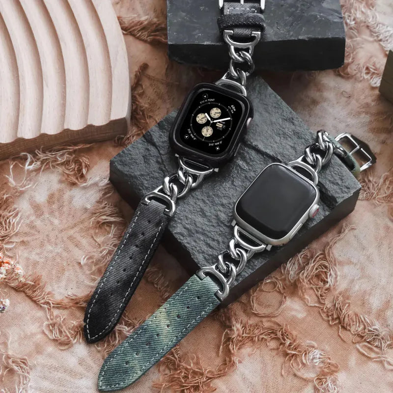 Metal mixed denim leather single chain Apple Watch strap