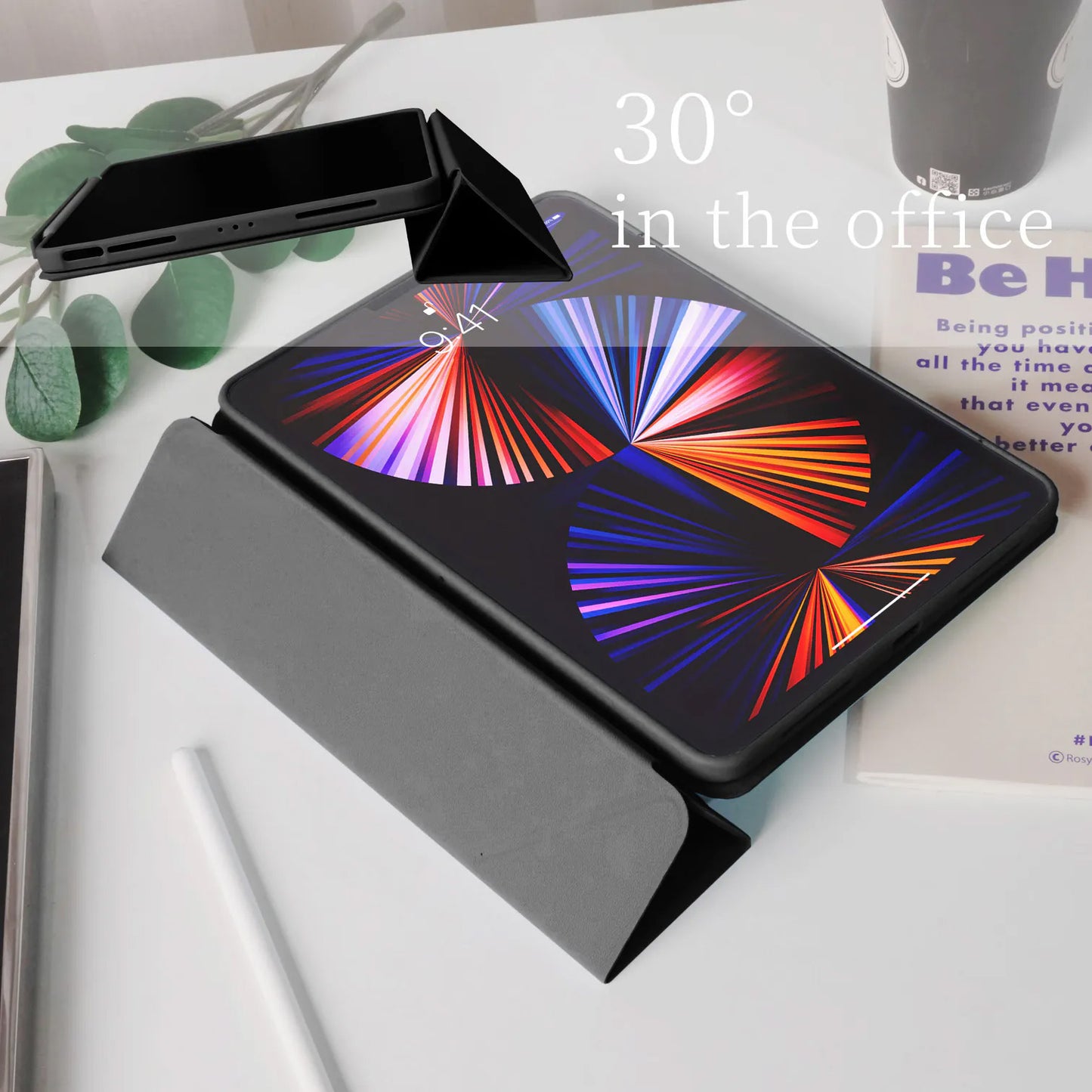 Cream Black Star Magnetic Ring with 360° Adjustable Feature and Pencil Slot iPad Case