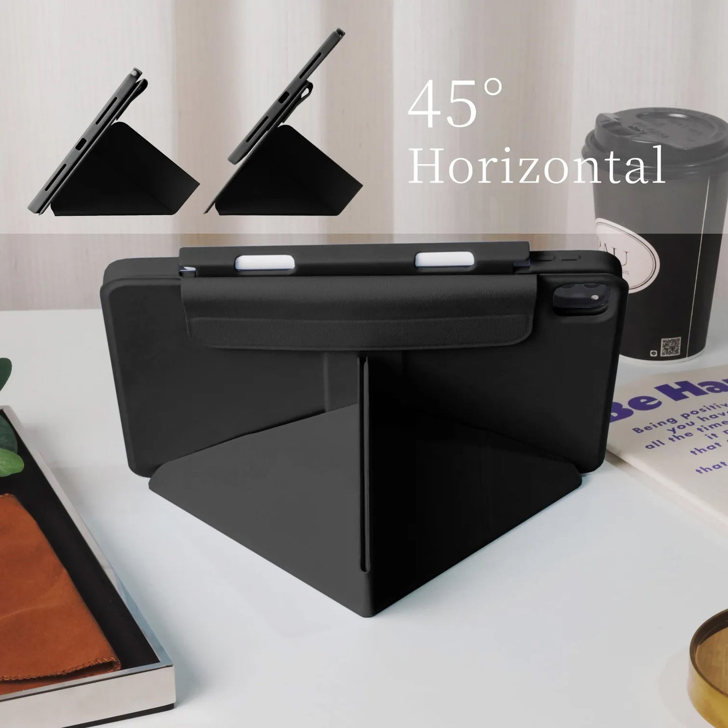Cream Black Star Magnetic Ring with 360° Adjustable Feature and Pencil Slot iPad Case