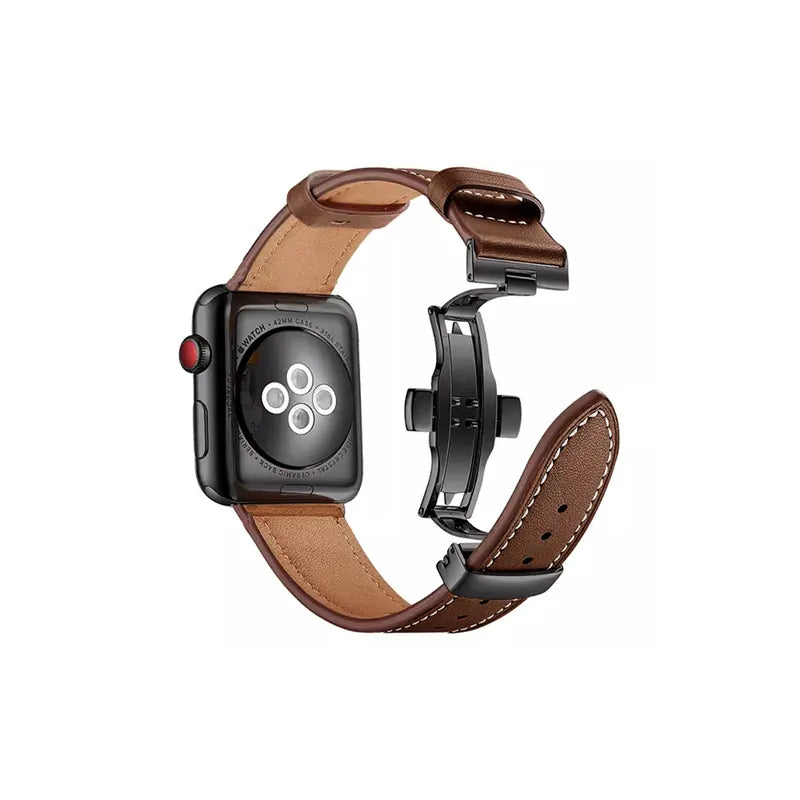 Crazy Horse Leather Metal Butterfly Clasp Apple Watch Band