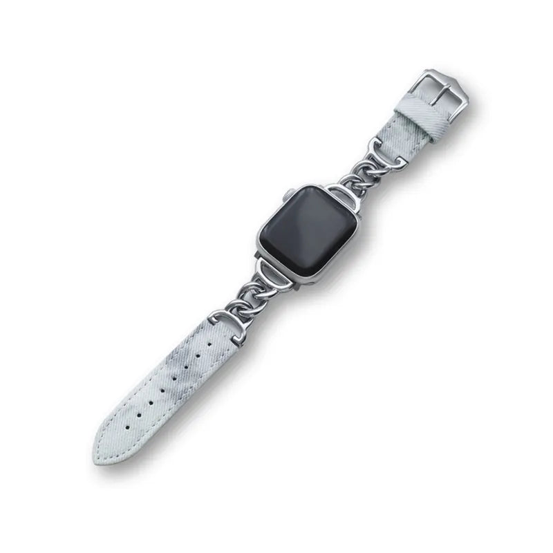 Metal mixed denim leather single chain Apple Watch strap