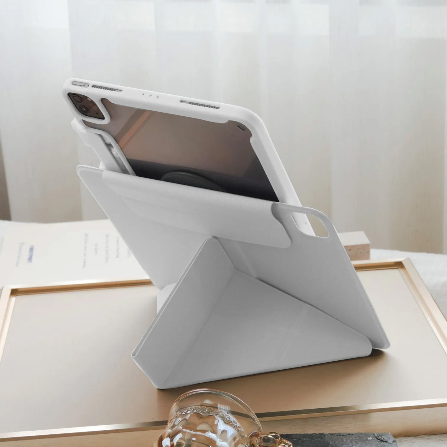 Cream White Star Magnetic Ring with 360° Adjustable Feature and Pencil Slot iPad Case