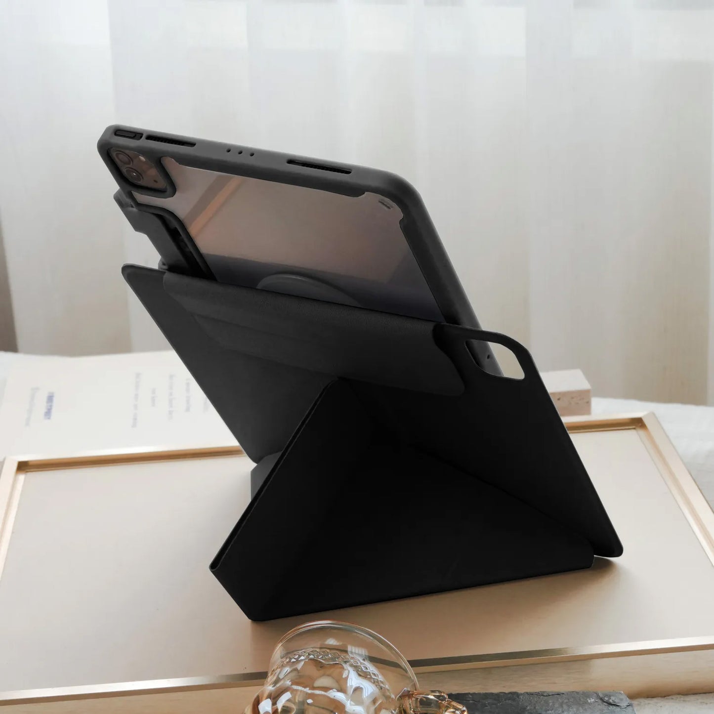 Cream Black Star Magnetic Ring with 360° Adjustable Feature and Pencil Slot iPad Case