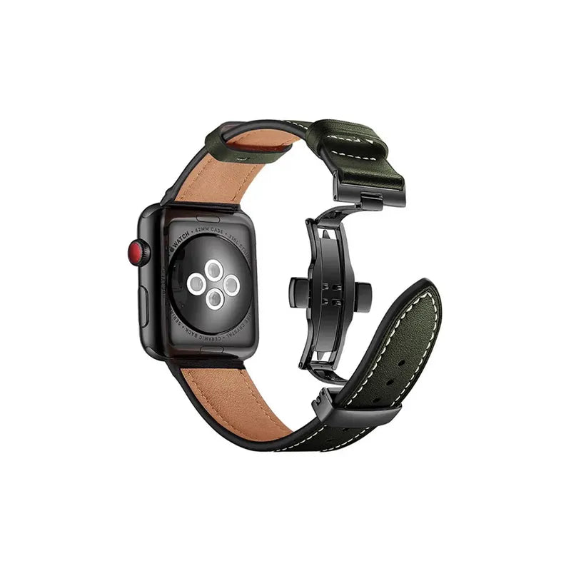 Crazy Horse Leather Metal Butterfly Clasp Apple Watch Band