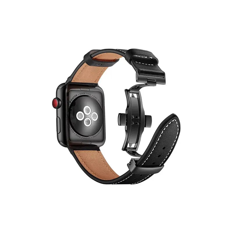 Crazy Horse Leather Metal Butterfly Clasp Apple Watch Band