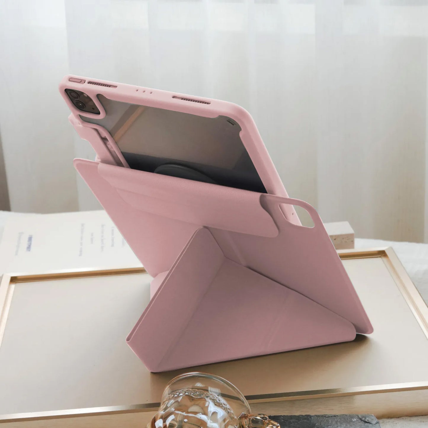 Cream Pink Star Magnetic Ring with 360° Adjustable Feature and Pencil Slot iPad Case