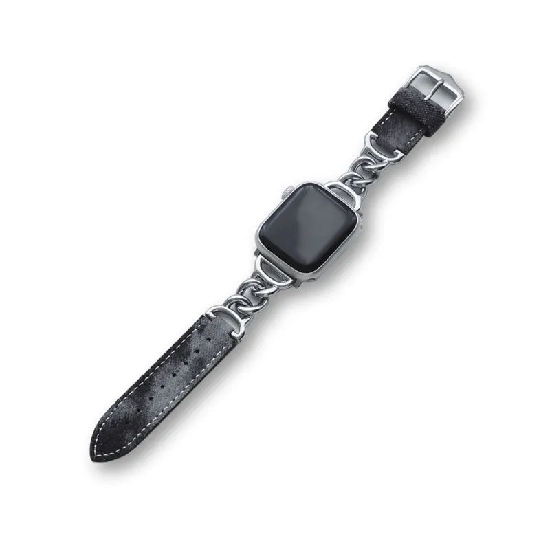Metal mixed denim leather single chain Apple Watch strap