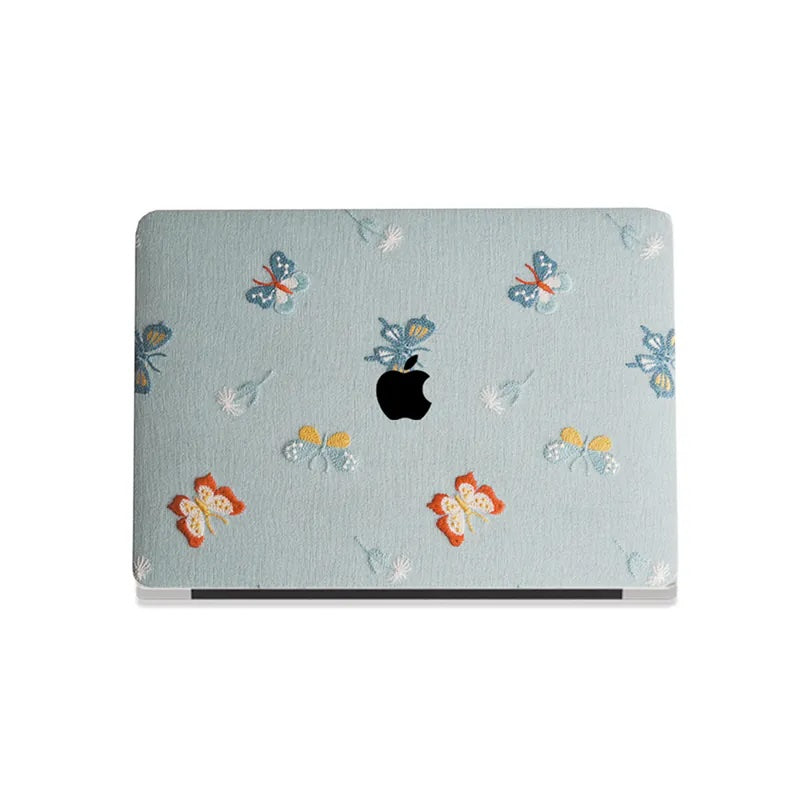 Blue Butterfly Embroidered Leather Macbook Case