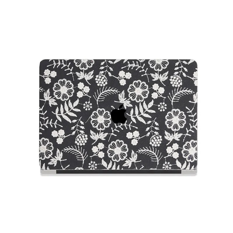 Black Daisy Embroidered Leather Macbook Case