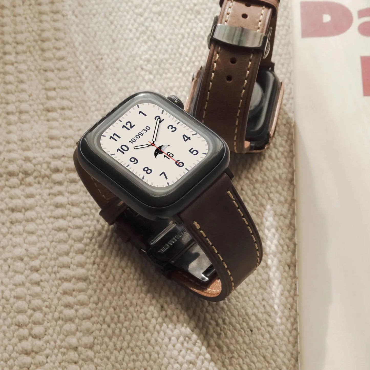 Crazy Horse Leather Metal Butterfly Clasp Apple Watch Band