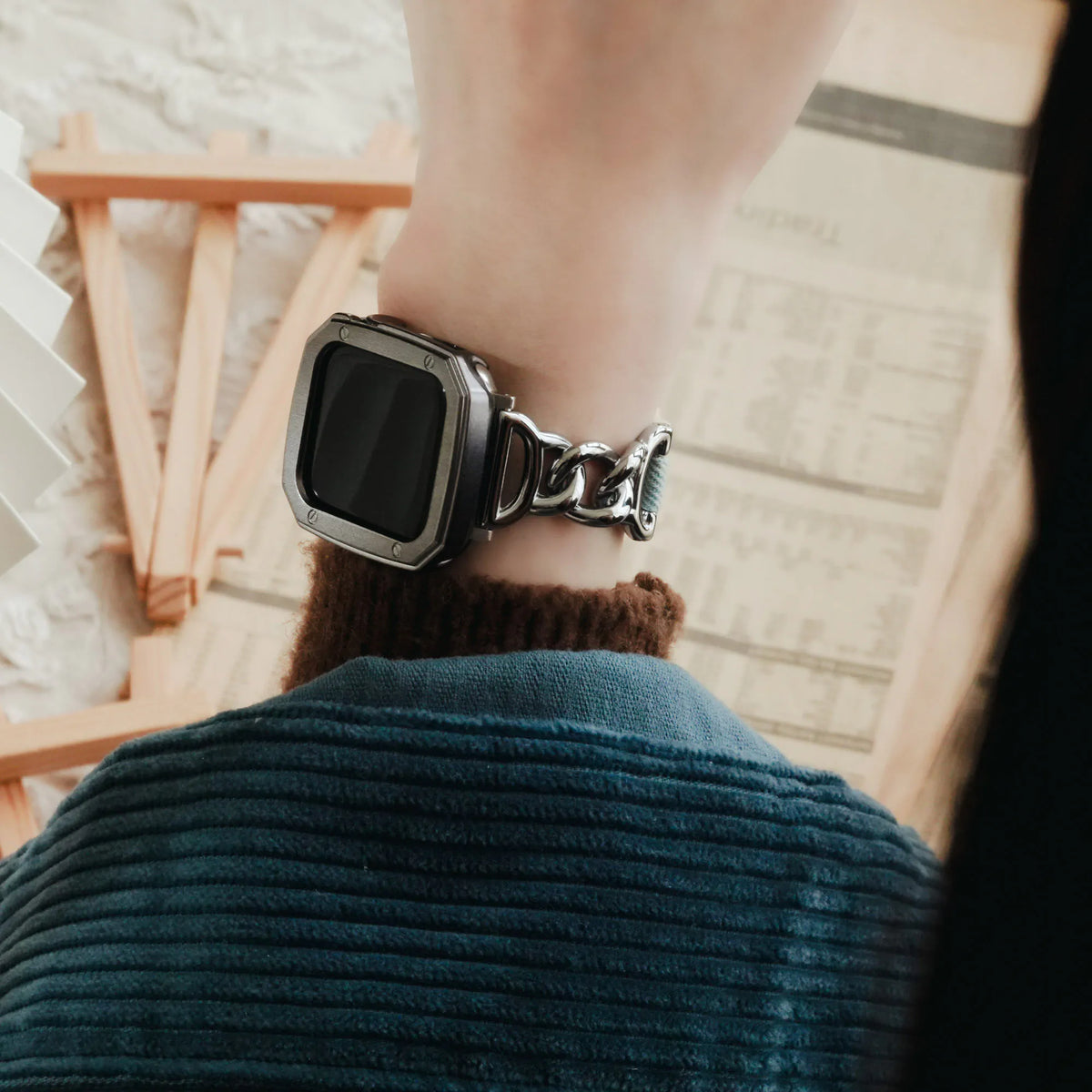 Metal mixed denim leather single chain Apple Watch strap