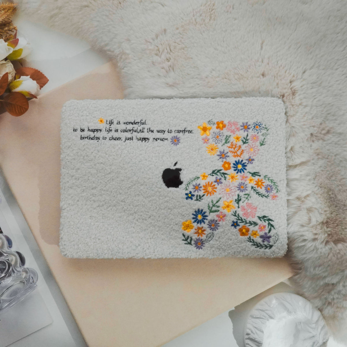 This is Us Designer Teddy Fleece ♾ Floral Teddy Bear Embroidery Series Macbook Case