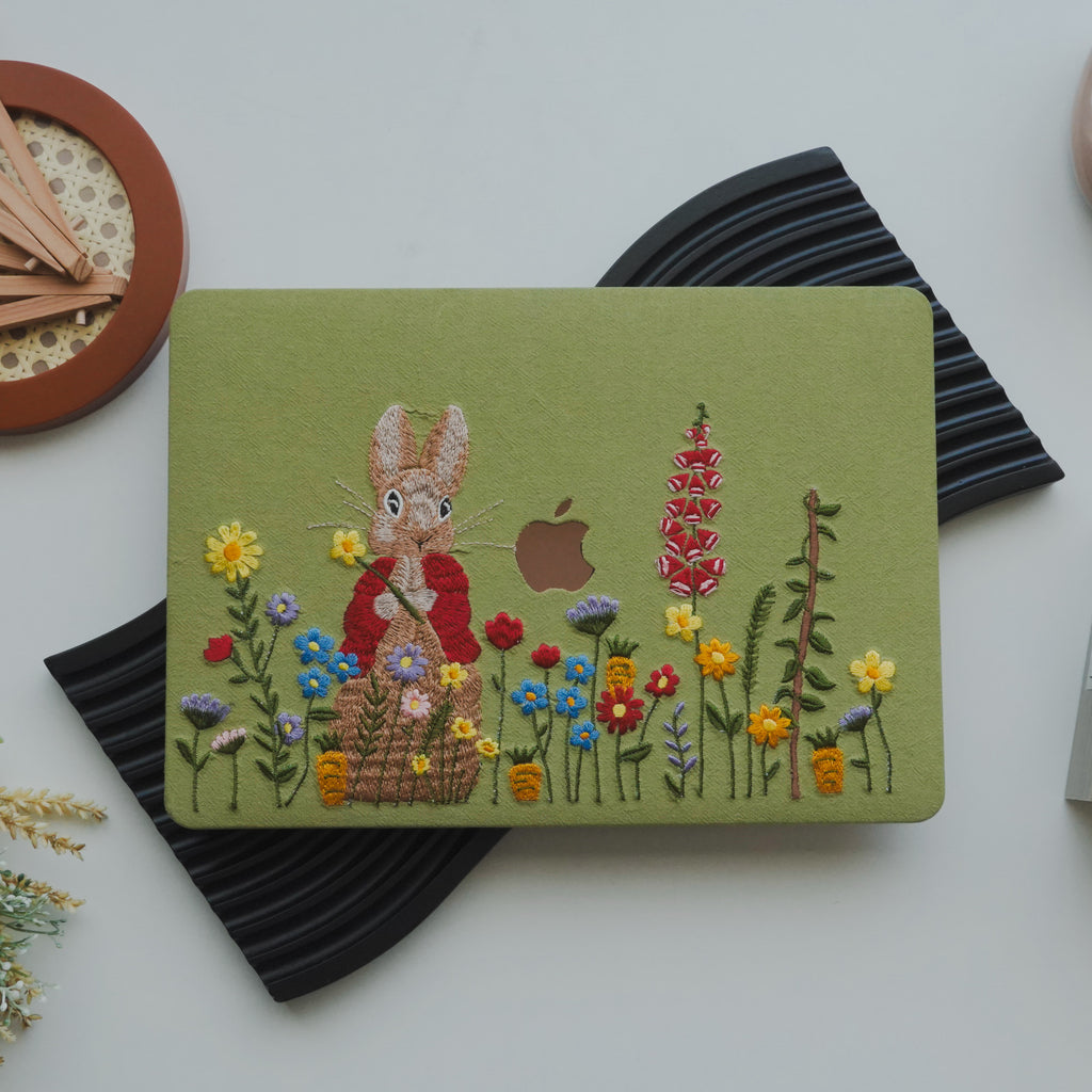 This is us Green Hand-drawn Red-clothed Bunny ♾ Textured Stitching MacBook Case