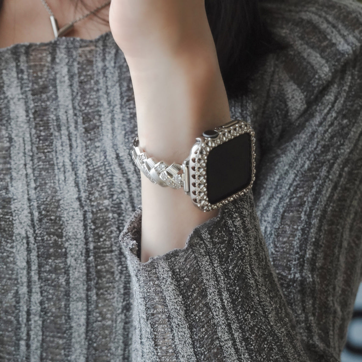 Trendy Woven Texture with Elegant Rhinestones  Apple Watch Band