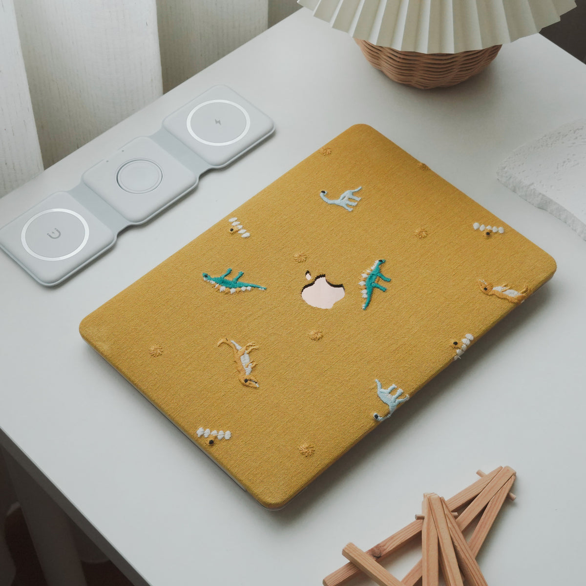 Embroidery Series ♾ Embroidered Yellow – Dinosaur Collection – Premium Stitching  MacBook Case