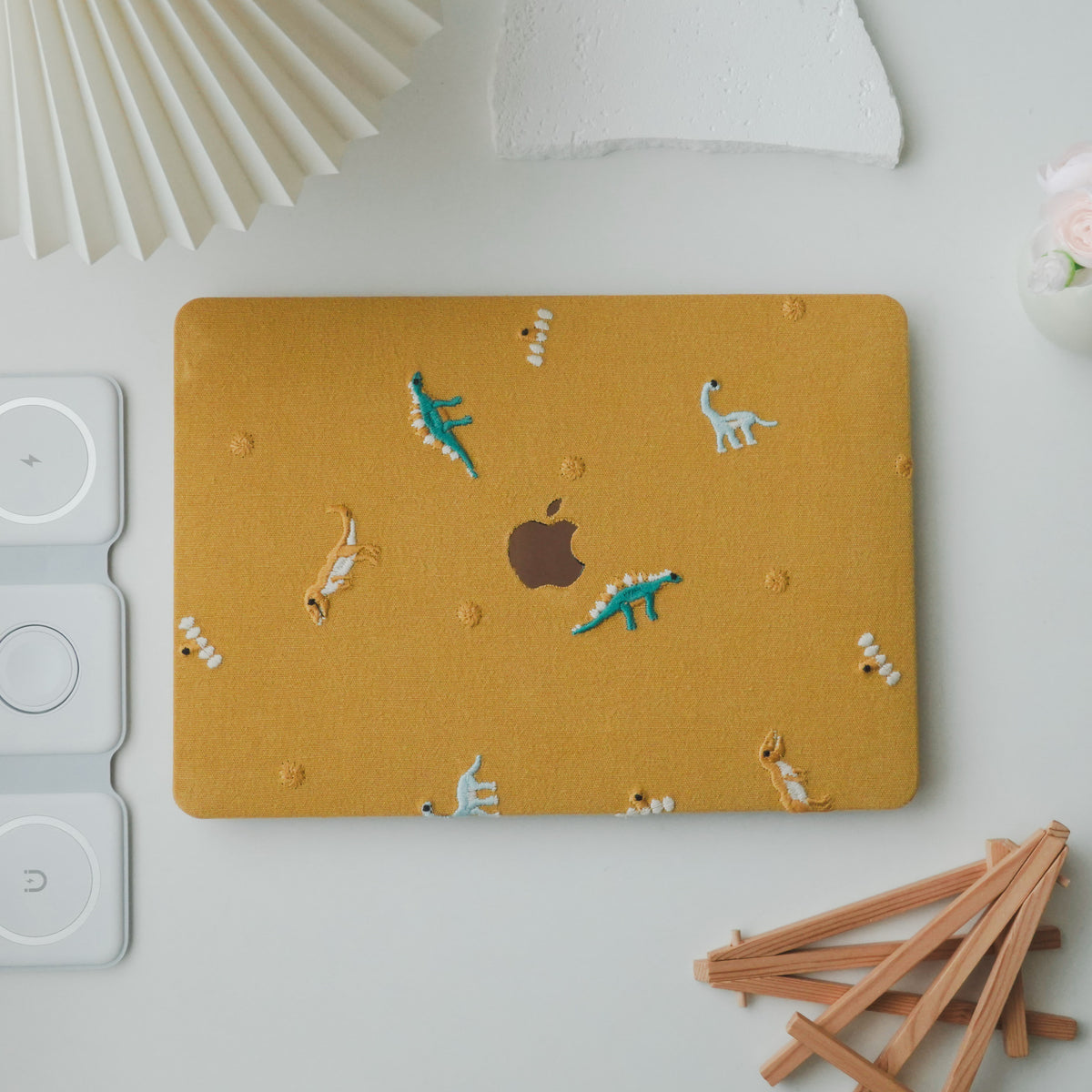 Embroidery Series ♾ Embroidered Yellow – Dinosaur Collection – Premium Stitching  MacBook Case