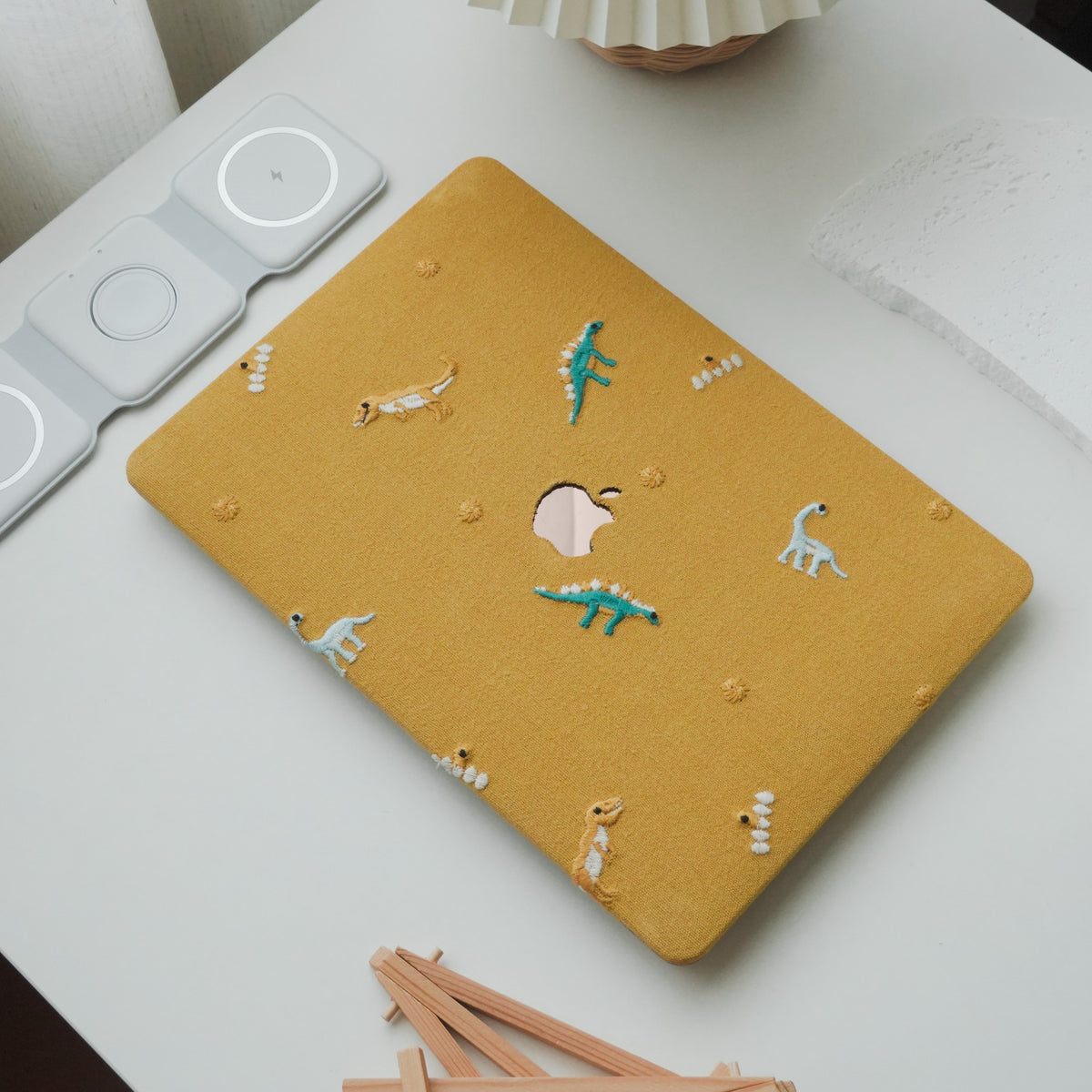 Embroidery Series ♾ Embroidered Yellow – Dinosaur Collection – Premium Stitching  MacBook Case
