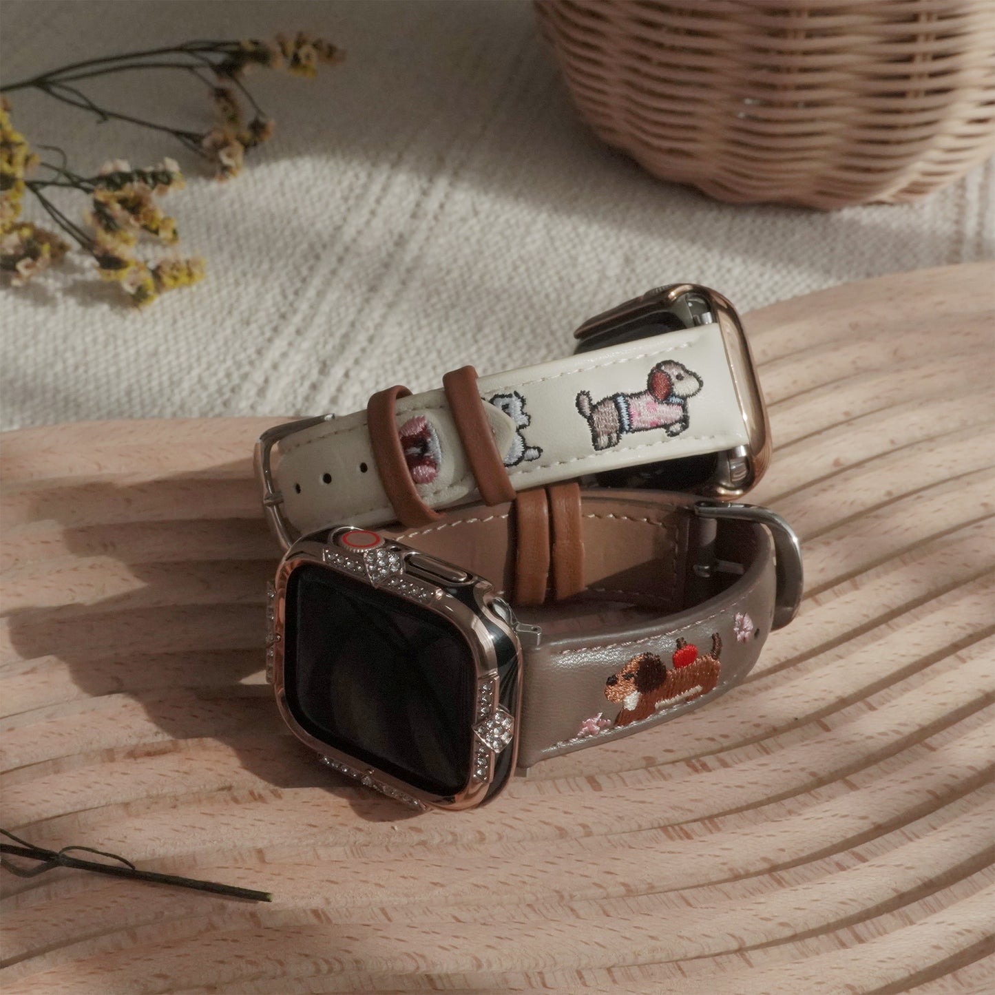 Embroidered puppy leather Apple Watch band