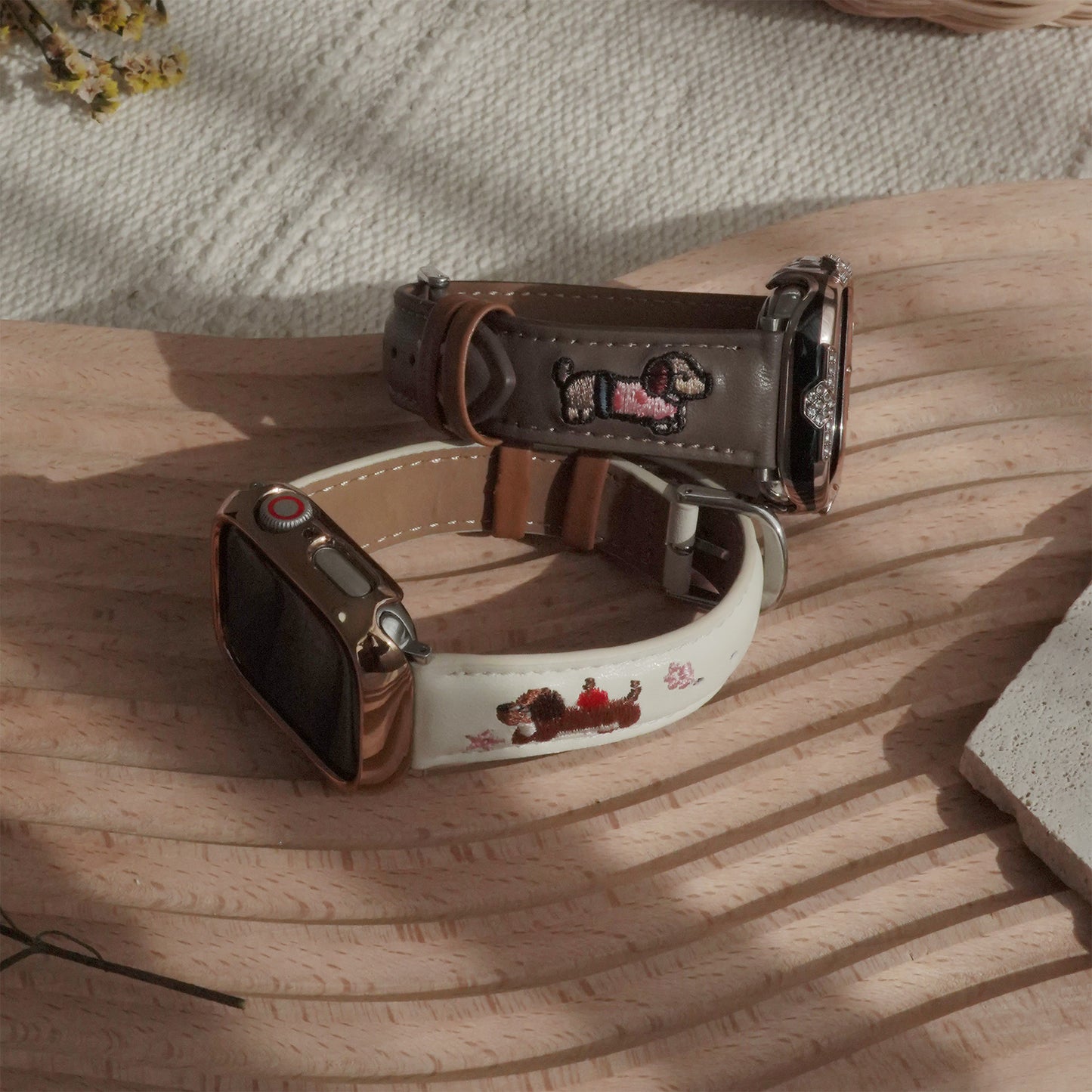 Embroidered puppy leather Apple Watch band
