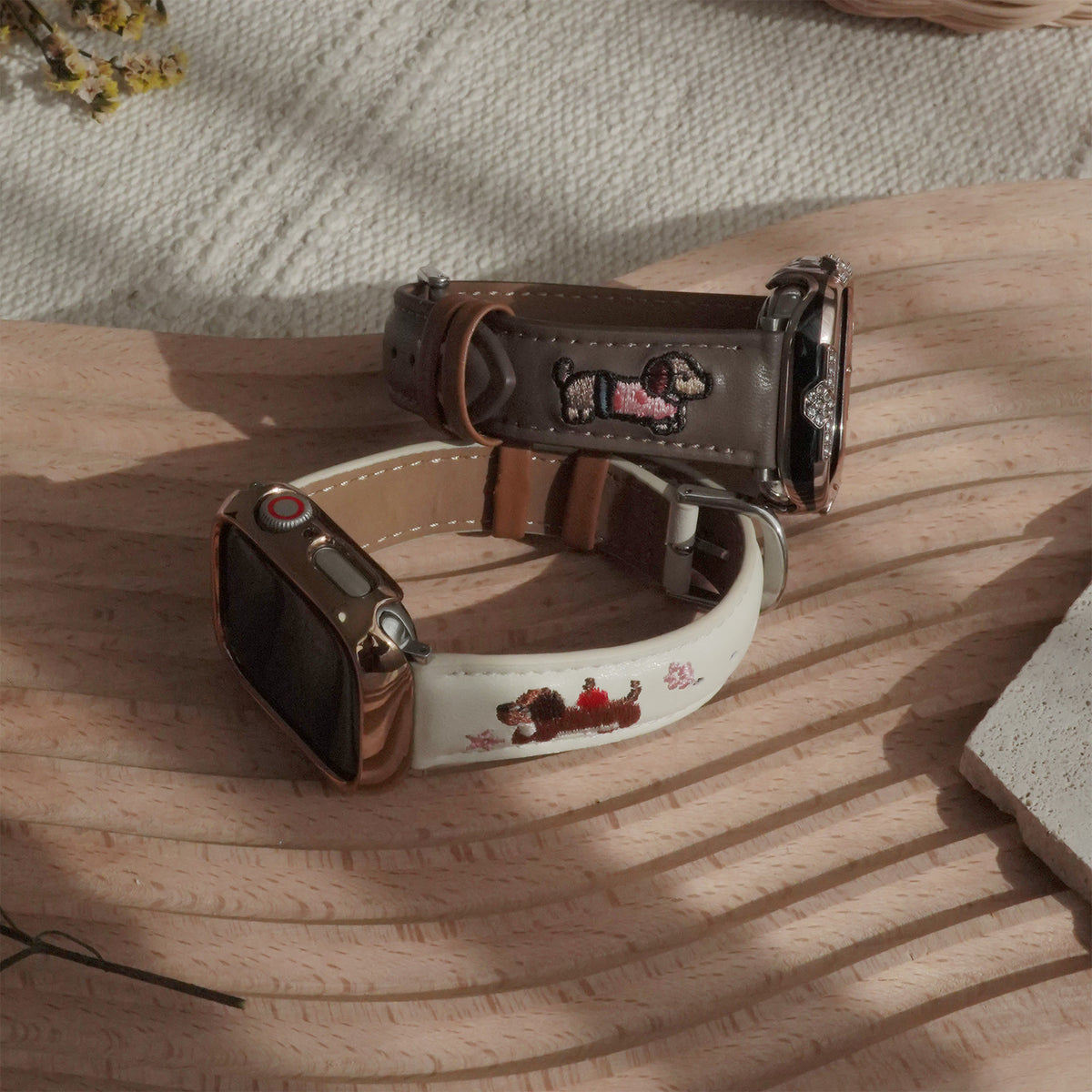 Embroidered puppy leather Apple Watch band