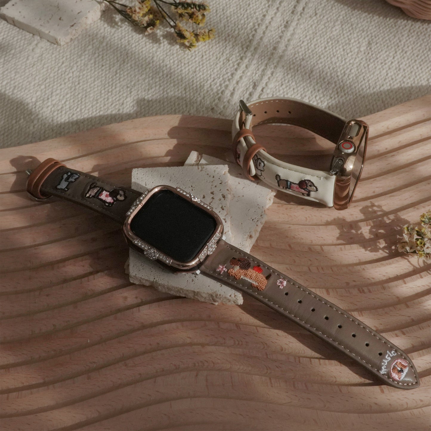 Embroidered puppy leather Apple Watch band