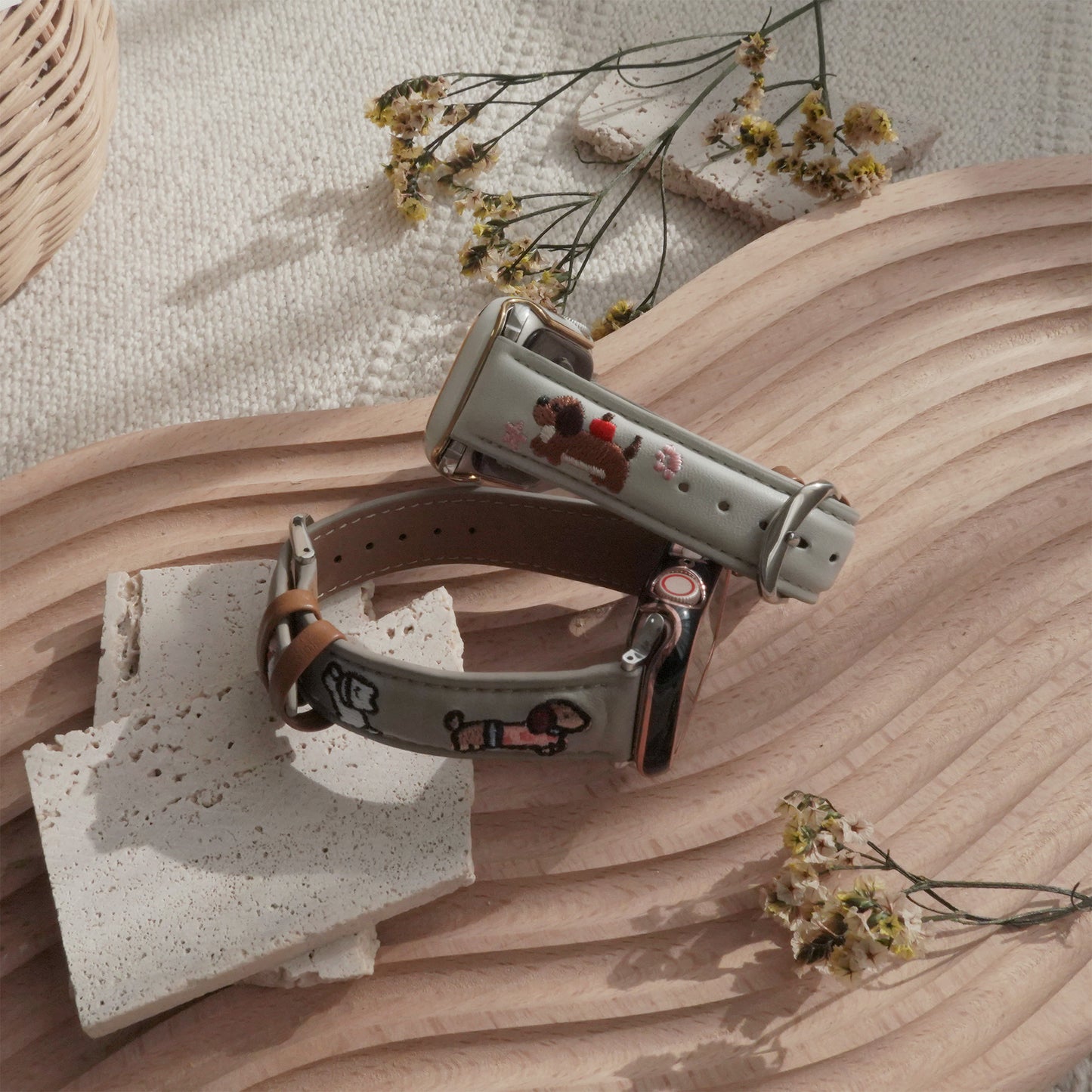 Embroidered puppy leather Apple Watch band