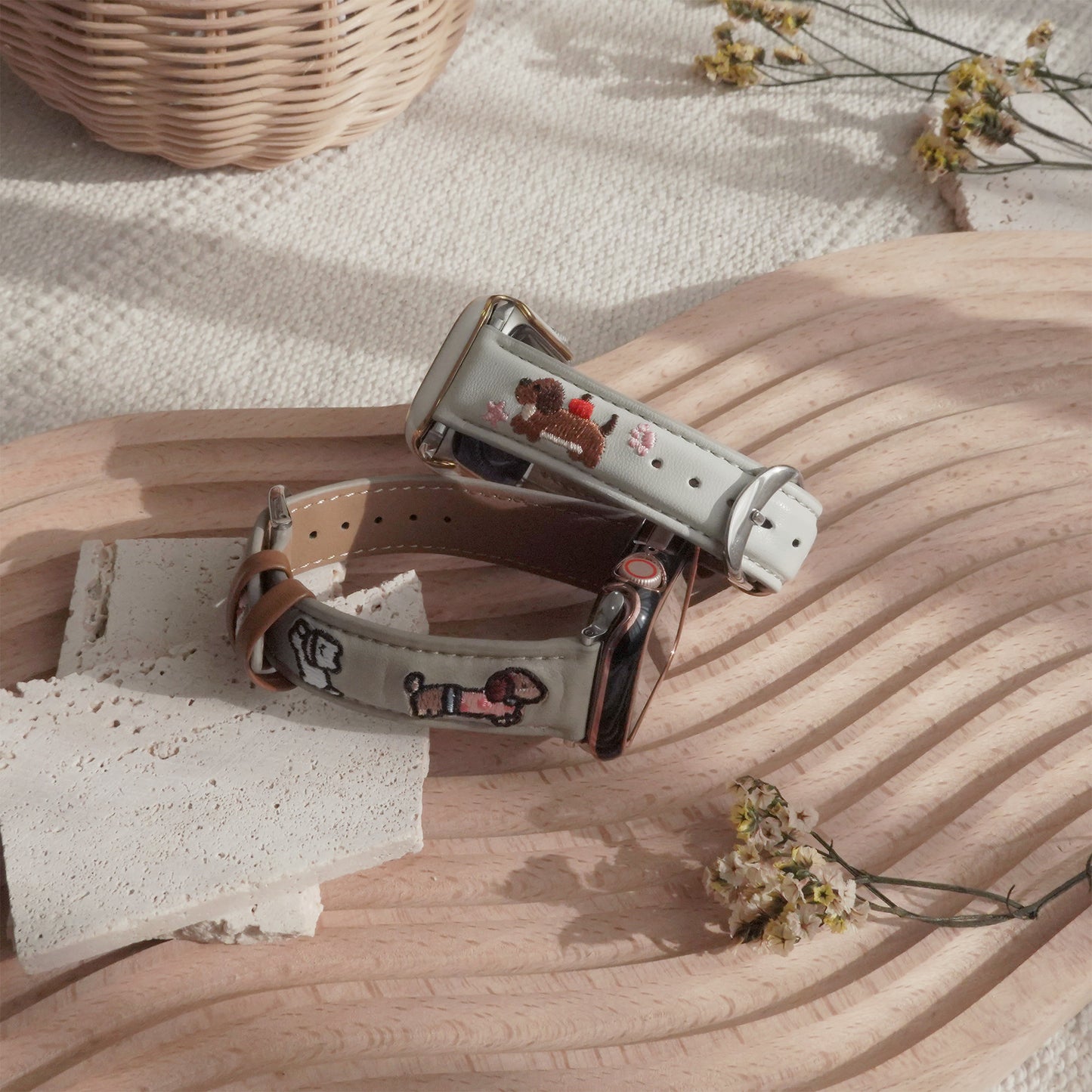 Embroidered puppy leather Apple Watch band
