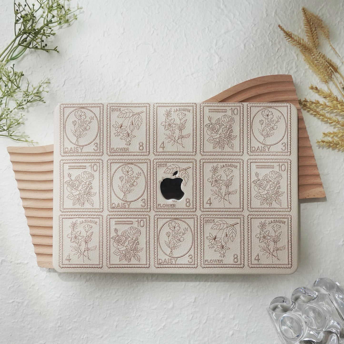 Embroidery Series ♾ Warm Ivory Flora Post Premium Stitching MacBook Case