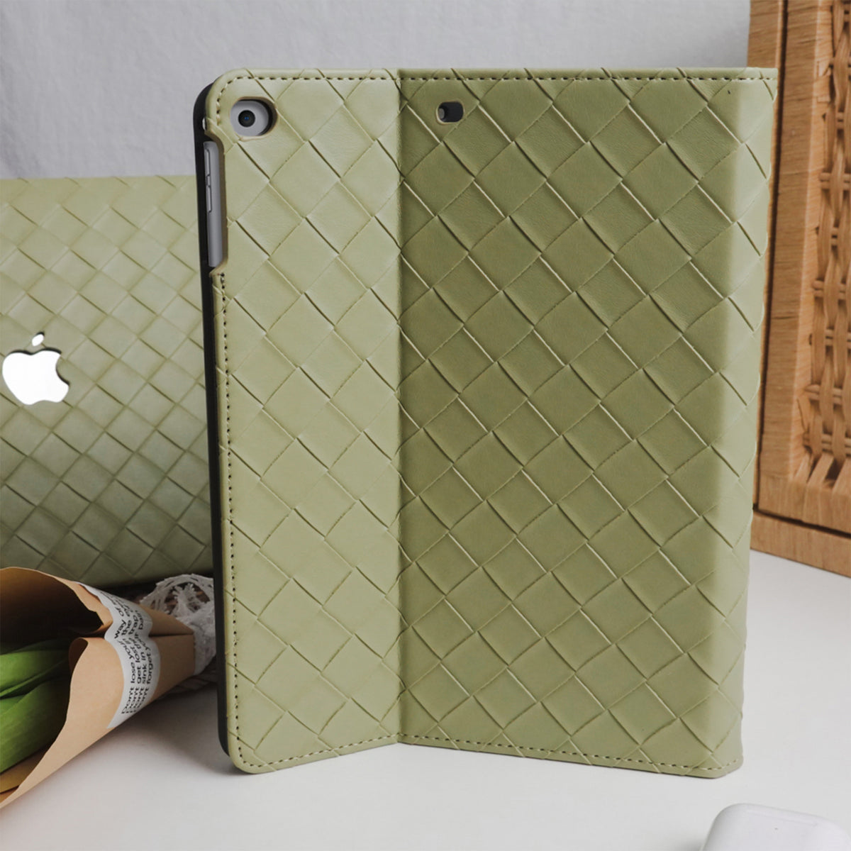 Leather Series & Light Aqua Wide Knit with Pencil Holder iPad case