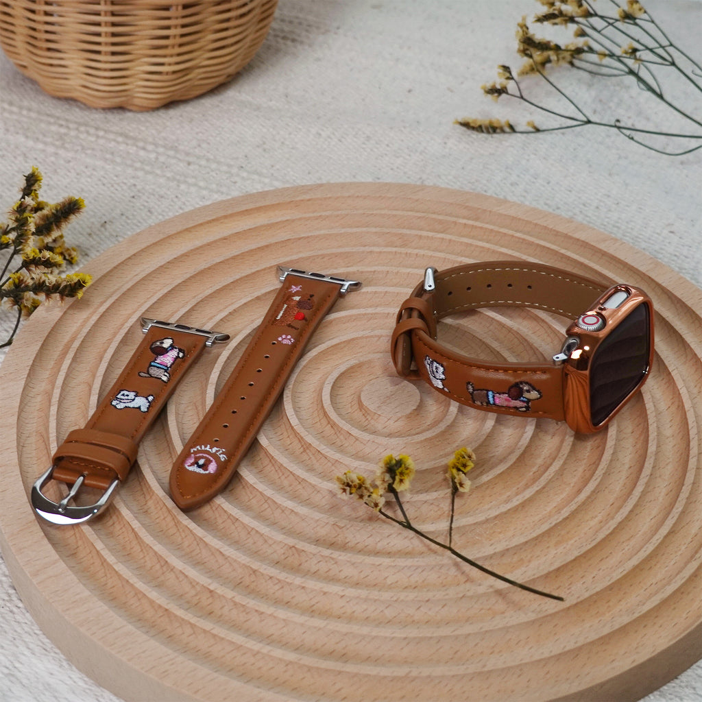 Embroidered puppy leather Apple Watch band