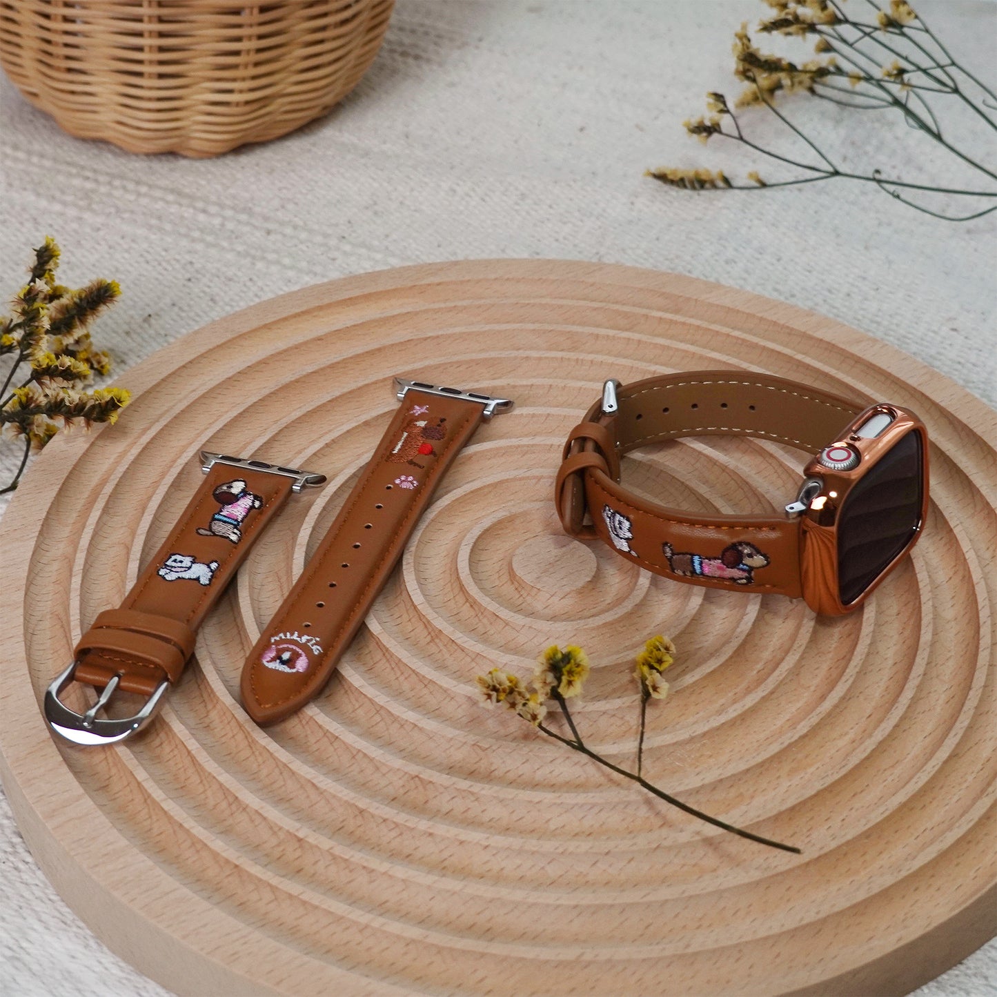 Embroidered puppy leather Apple Watch band