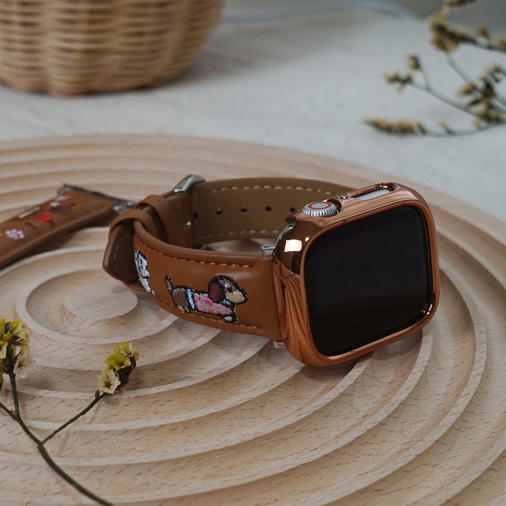 Embroidered puppy leather Apple Watch band