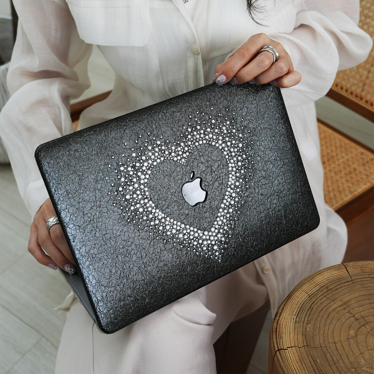 Leather Series ♾ Glam Black Rhinestones Mac Case